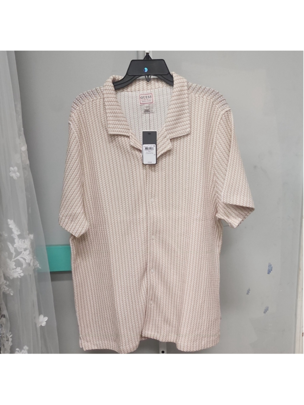 GUESS SS Larson Knit Shirt Geometric Button Short Sleeve Beige/White XXL Regular